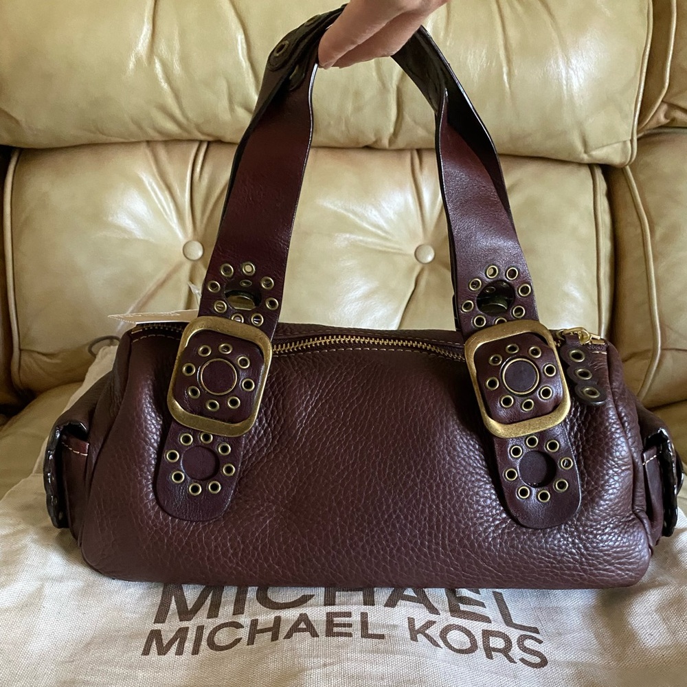 NWT Michael Kors Roadie Satchel Thick Leather Bag Grommets Rivets Brass Pebbled - Picture 8 of 16